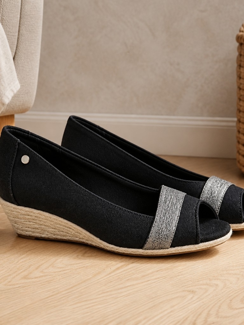 Black Wedge Peep-Toe Espadrille with Silver Accent